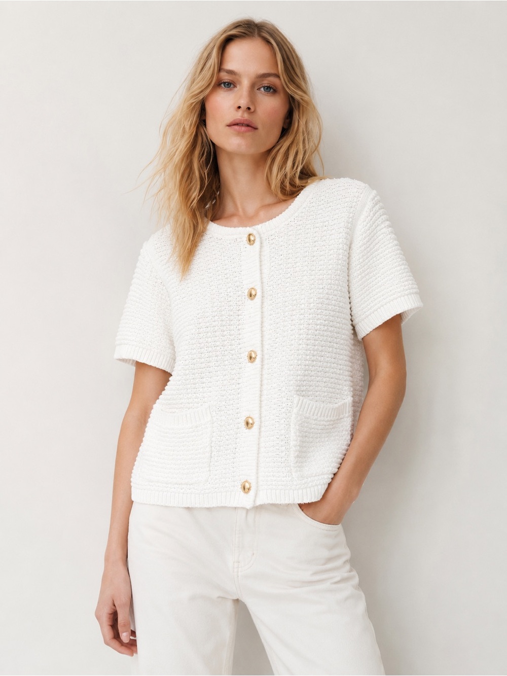 Free Assembly White Textured Knit Short Sleeve Cardigan Sweater Size L